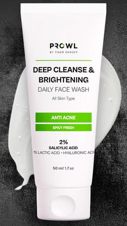 PROWL by Tiger Shroff Facewash 2% Salicylic Acid | Anti Acne For Dry Combination Oily & Acne Prone Man Skin Care with 1% Lactic Acid, Hyaluronic Acid | Exfoliating Brightening Face Wash For Men | 50ml