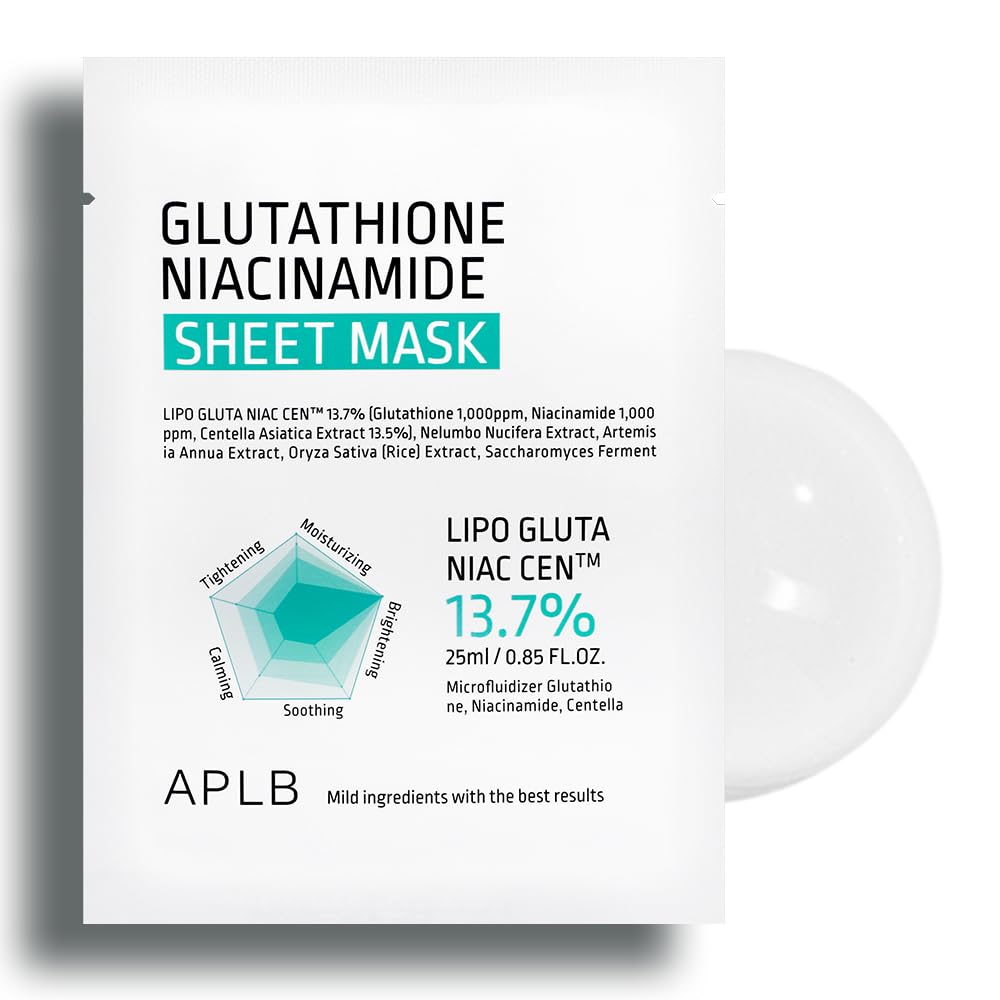 APLB Glutathione Niacinamide Sheet Mask | LIPO GLUTA NIAC CEN™ 13.7% 0.85 FL.OZ/Korean Skincare, Deep hydration & Soothing, Sensitive Skin, Improve skin elasticity 10 sheets