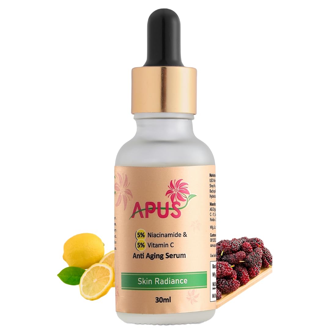 APUS 5% Niacinamide & 5% Vitamin C Anti-Aging Face Serum - Reduces Fine Lines, Wrinkles, Dark Spots | Acne Marks & Uneven Skin Tone Treatment | Fragrance-Free, Vegan, All Skin Types | 30 ml