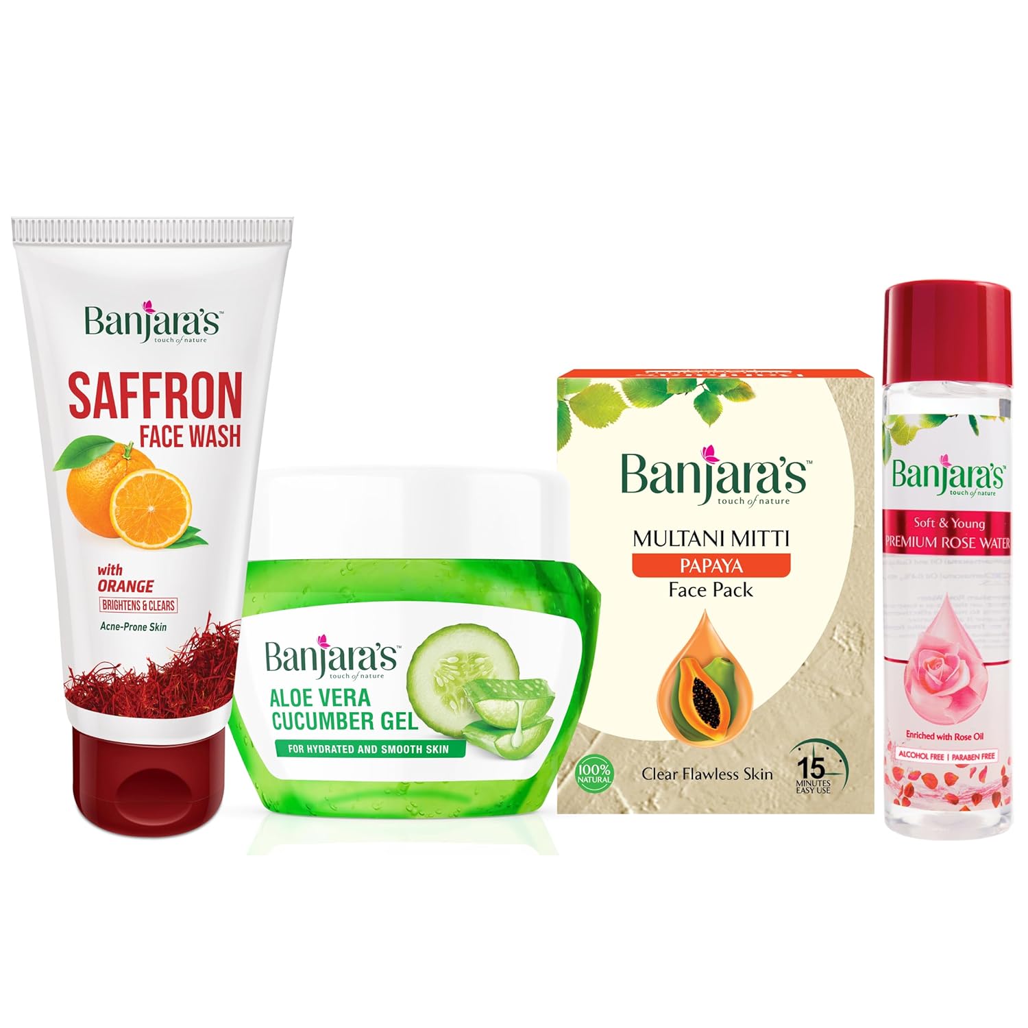 Banjara's Anti-acne Skin care Combo|Orange Face wash, Rose water, Aloe vera cucumber gel,Multani mitti Powder with Papaya, (420 ml)