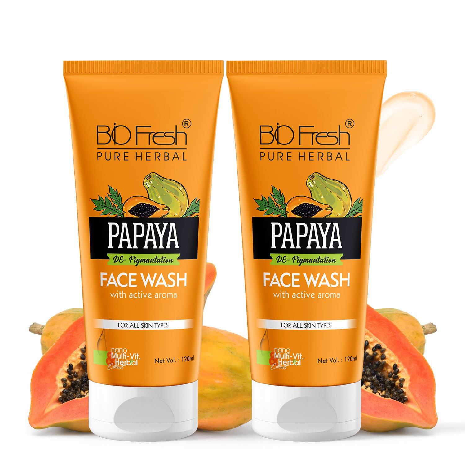 BIOFRESH Papaya Face Wash Cleanser Skincare for Face Dermatologist Tested Brightening Skin & Hydrating Gentle Face Wash (120ml, Pack of 2)