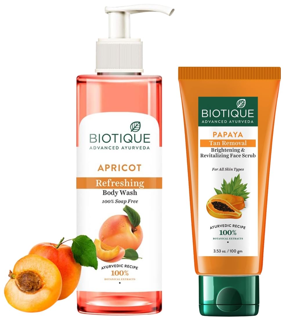 Biotique Bio Papaya Revitalizing Tan-Removal Scrub, 100g & Apricot Body Wash, Transparent, 200ml