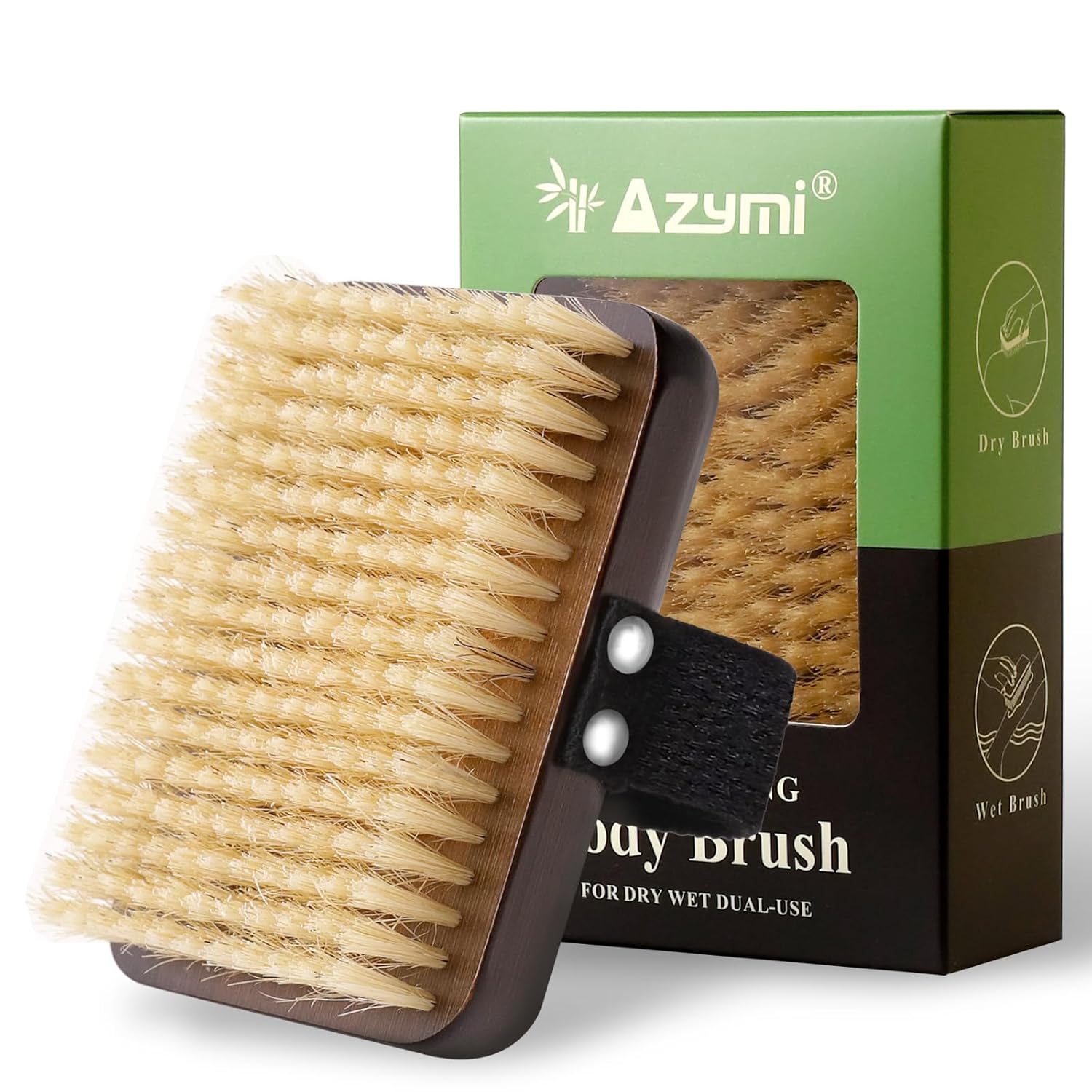 Body Brush Lymphatic Drainage, Azymi Bath Brush Natural Thick Bristles Exfoliates Dead Skin, Detoxifies, Improves Blood Circulation- Spa-Grade Dual Use Dry/Wet Brush 1 Pack