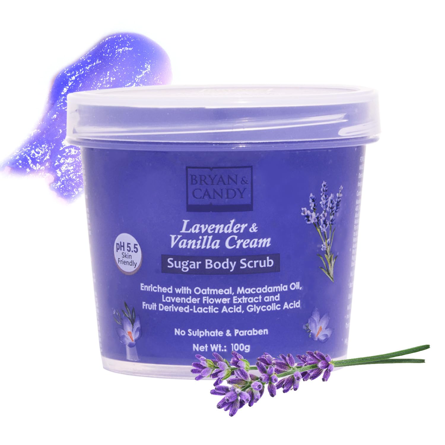 Bryan & Candy Sugar Body Scrub PH 5.5 For Tan Removal & Exfoliation | For Women & Men | 100g (Lavender & Vanilla Cream)