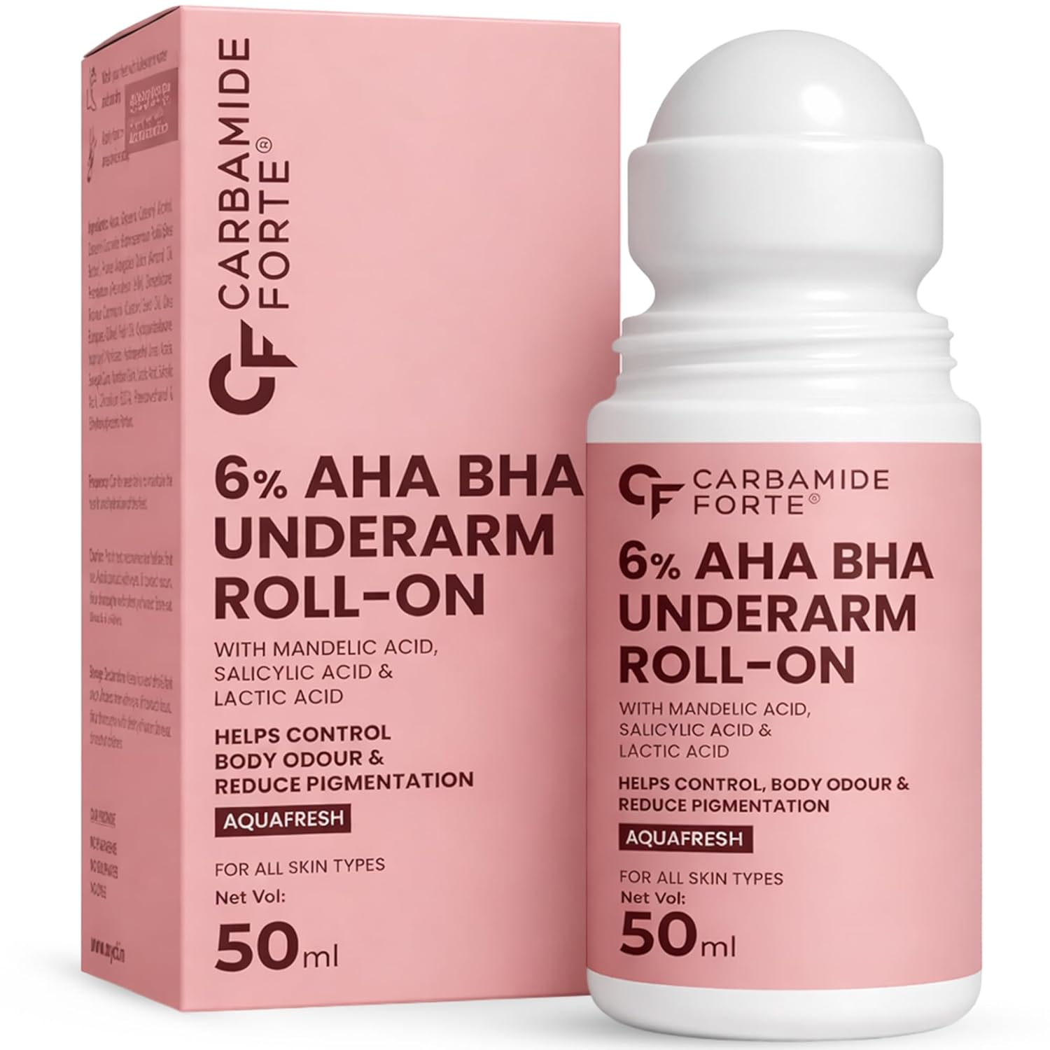 Carbamide Forte Underarm Roll On with 6% AHA BHA Mandelic, Salicylic, and Lactic Acid | Prevents Body Odour, Fades Pigmentation | Underarm Roll On for Women & Men - 50ml