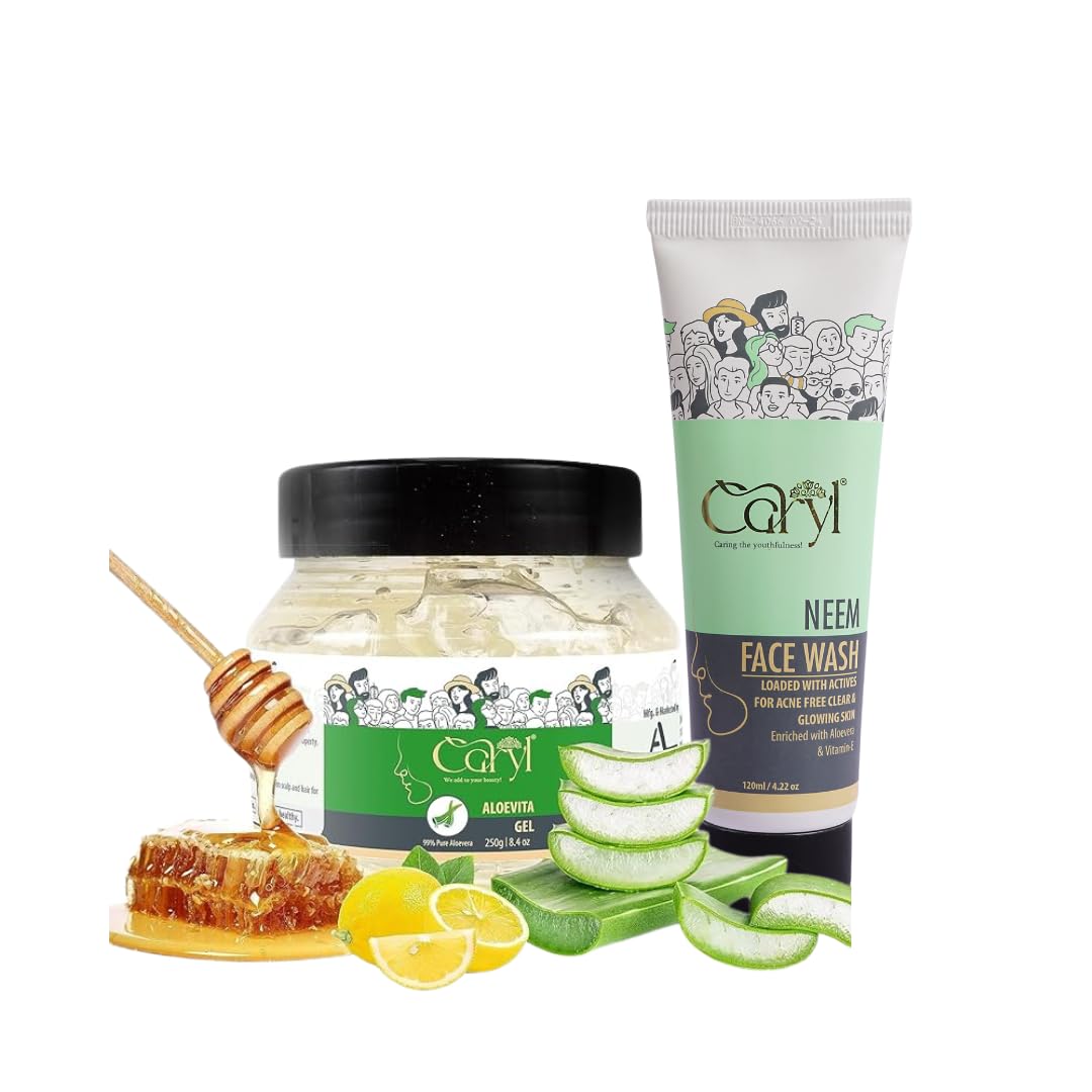 Caryl Combo Neem Face Wash 120ml & Aloevita Gel 250gm – Acne-Free, Clear & Glowing Skin | Hydrating & Soothing Formula | Daily Skincare for Healthy, Refreshed, Radiant Skin, Unisex Use