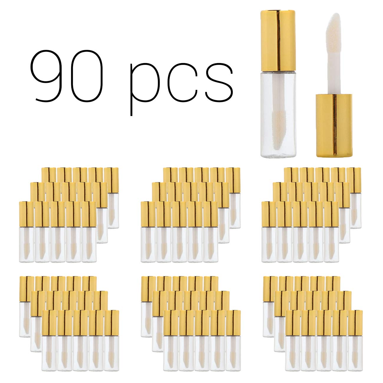 Case of 90 packs, Empty Plastic Clear Lip Gloss Tubes Lip Balm Bottle Container Gold Transparent 1.2ML Makeup Tool for Women (90 pcs, Gold)