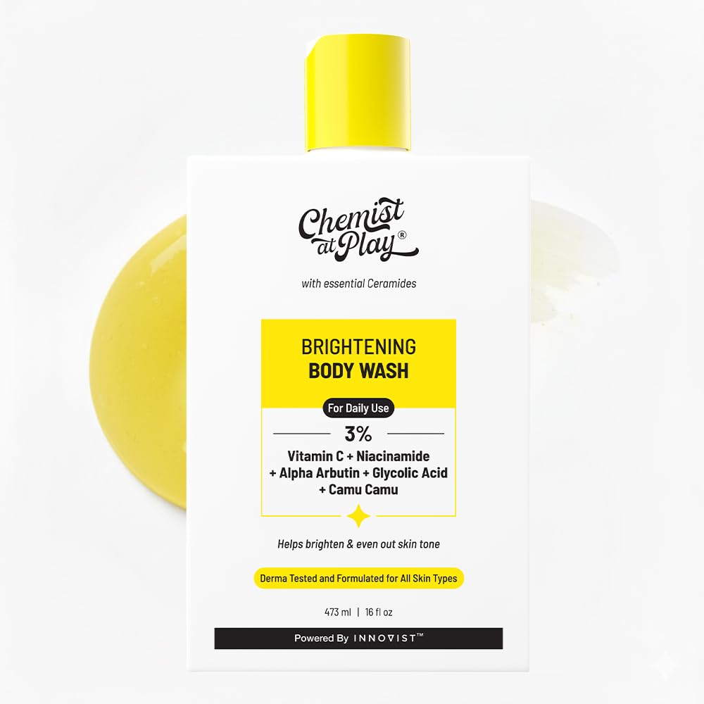Chemist At Play Brightening Body Wash | Glowing Skin Vitamin C Bodywash | Helps to Reduce Fades Dark Spots, Tan & Evens out Skin Tone | Alpha Arbutin | 30X Vitamin C with Camu Camu | For Women & Men | 473ml