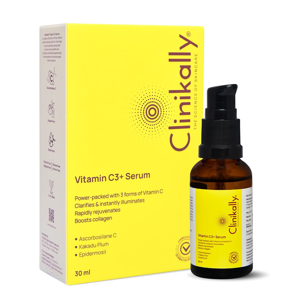 Clinikally Vitamin C3+ Serum | Enhances Skin Radiance, Fades Dark Spots | 3-in-1 Vitamin C Complex | Men & Women | All Skin Types | 30 ml