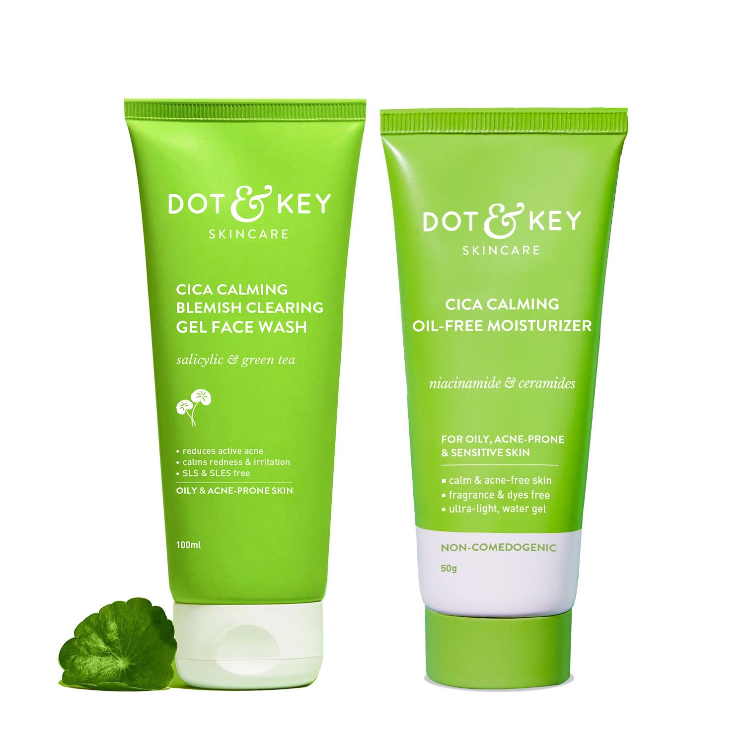 Dot & Key Cica Calming Blemish Clearing Face Wash 100ml & Cica & Niacinamide Spot Reduction Oil Free Moisturizer - 50g | For Acne Prone Skin | Skin Care Combo | For Women & Men