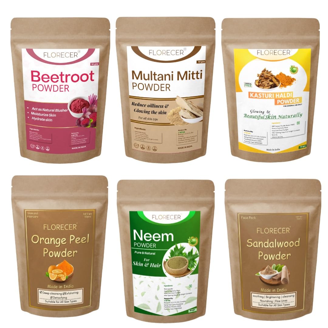 Florecer Sandalwood, Beetroot, Kasturi Haldi, Multani Mitti, Orange Peel, Mulethi Powder For Face And Skin Care- Pack Of 6 (Each 50 Grams)