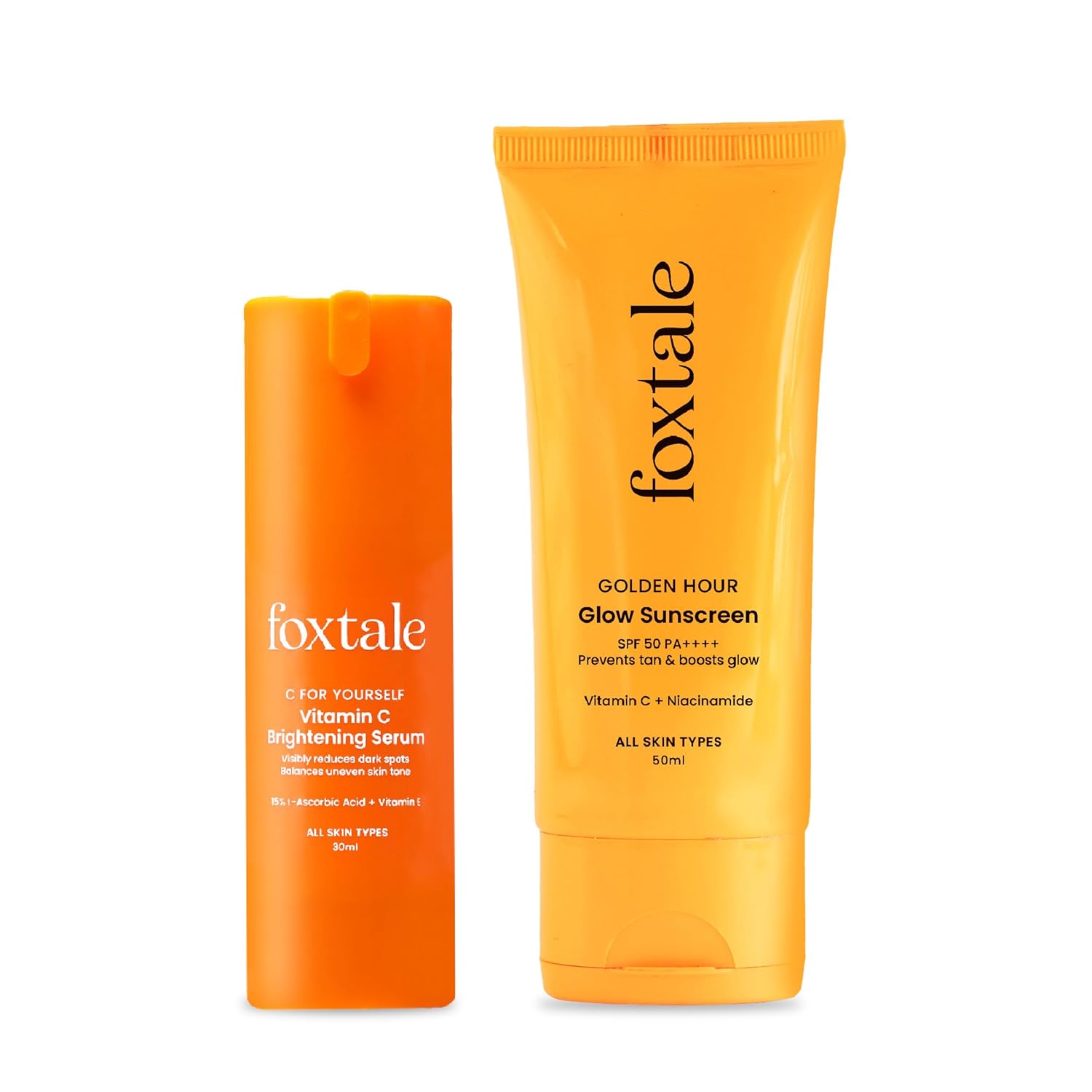 Foxtale Bright Days Duo | 15% Vitamin C Serum for Bright & Even Skin + SPF 50 PA++++ Glow Sunscreen with Vitamin C & Niacinamide | Fades Dark Spots, Protects from Sun Damage | For Men & Women