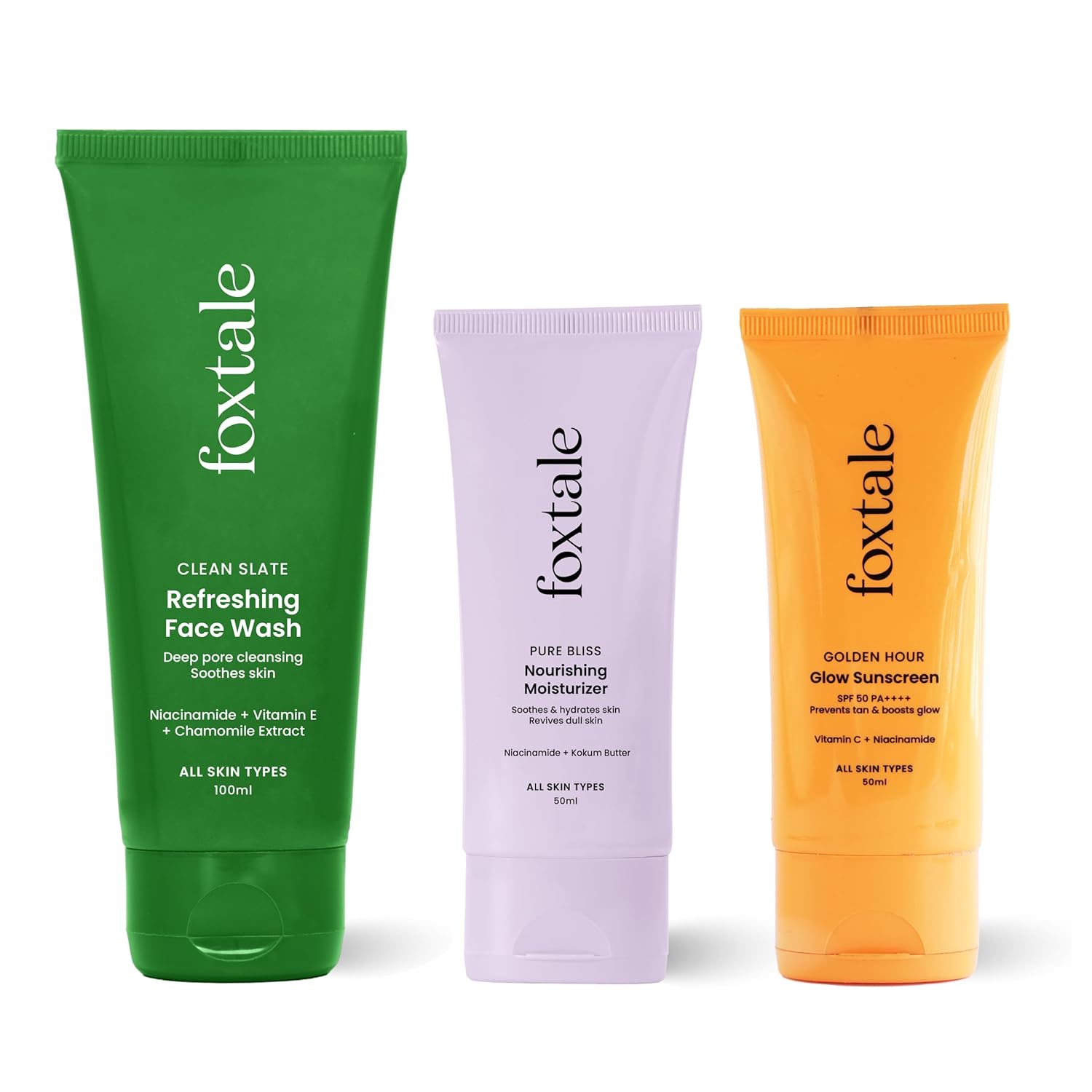 FoxTale Skincare Starter Kit, Skincare Beginners, Moisturized And Glowing Skin With Refreshing Face Wash - 100Ml, Nourishing Moisturizer - 50Ml, Glow Sunscreen - 50Ml, Men & Women, All Skin Types