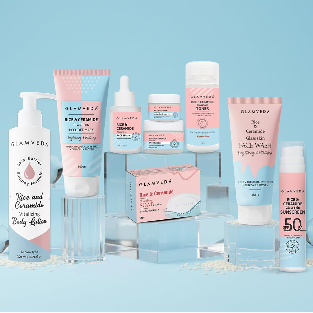 Glamveda Korean Rice & Ceramide 9 Step Skincare Routine For Women & Men | Face wash, Peel Off Mask, Toner, Serum, Under eye Cream, Moisturizer, Sunscreen, Body Lotion & Soap | Skin Brightening