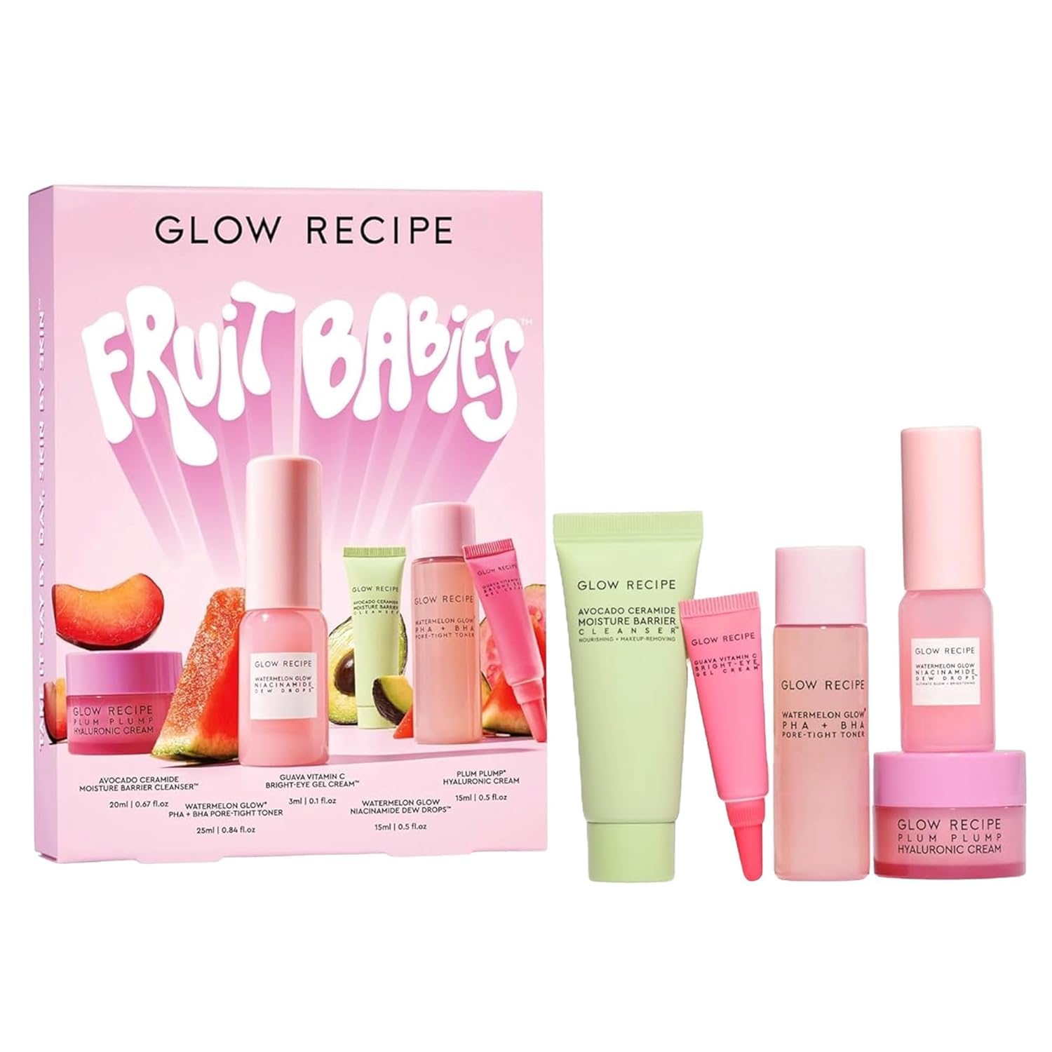 Glow Recipe Fruit Babies Skincare Kit - Gift Set with Ceramide Facial Cleanser, BHA Toner, Vitamin C Eye Cream, Hyaluronic Acid Cream & Niacinamide Dew Drops (5 Count)
