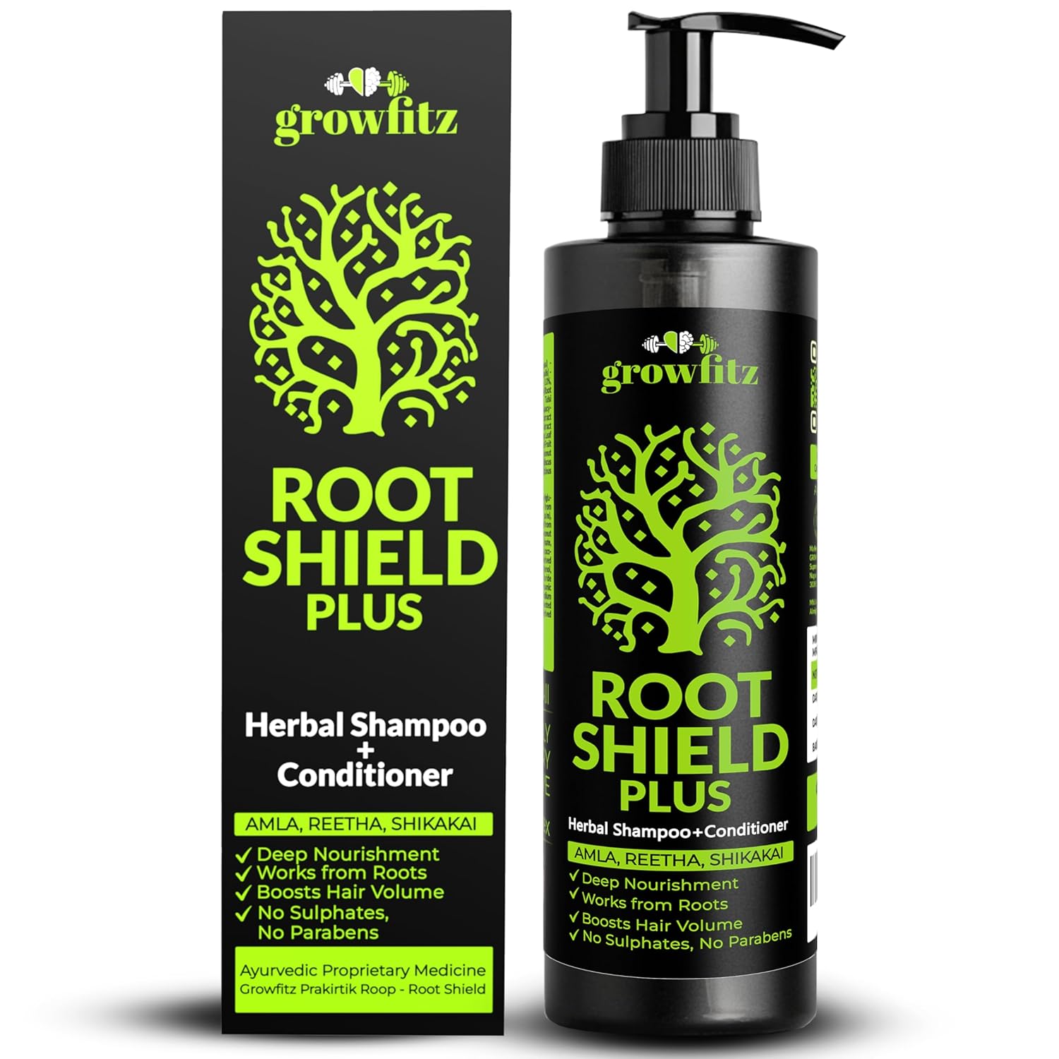 Growfitz 2-in-1 Herbal Anti-Hair Fall Shampoo + Conditioner for Unisex | 100% Ayurvedic | Dandruff Control, Boost Hair Volume For All Hair Types | AYUSH Certified | 33 Natural Herbs (Pack of 1)