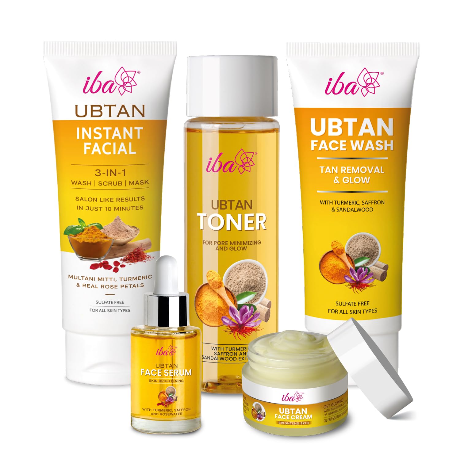 Iba Ubtan Radiance Skincare Kit for Glowing Skin | Removes Tan & Radiant Skin | Skin Care Regime (Face Wash (100ml), 3 in 1 Instant Facial (100g), Cream (50g), Toner (130ml), Serum (30ml))