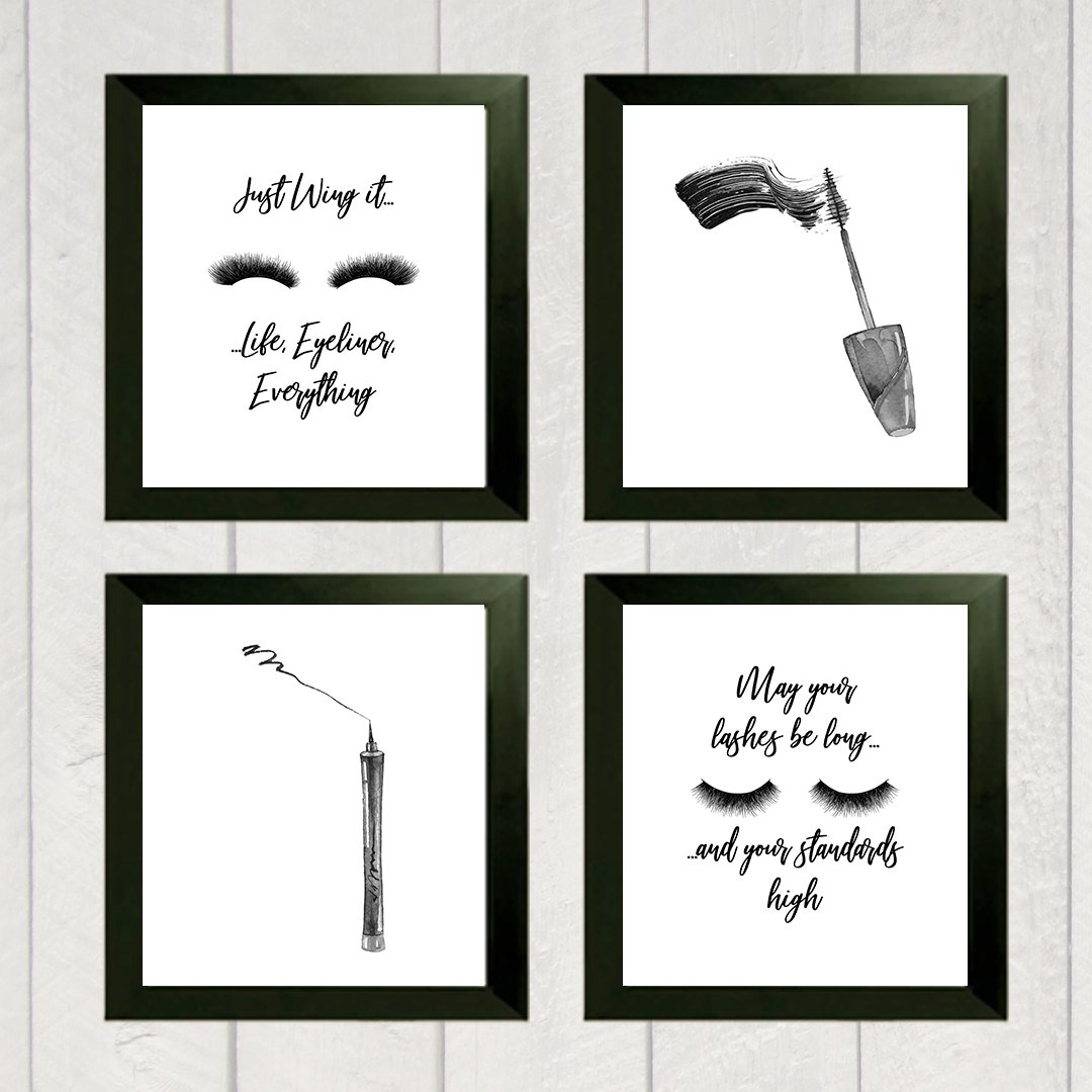 Just Wing It Life Eyeliner Everything Mascara Eyeliner Make Up Room Wall Art Prints (Set of Four) 8x10in Eyelash