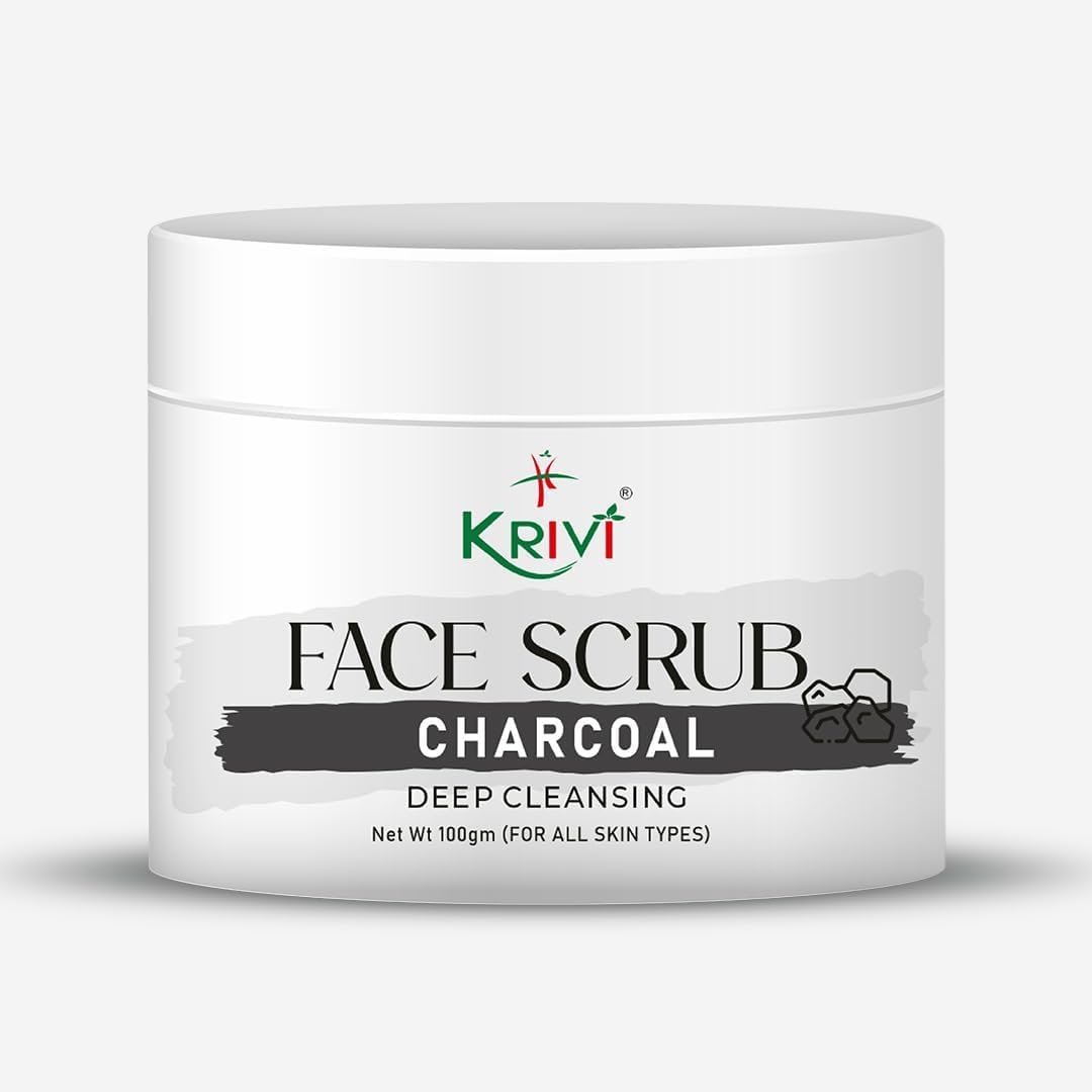Krivi Charcoal face scrub for tan removal & glowing, deep cleansing, anti acne, black head removal for men and women, 100 gm