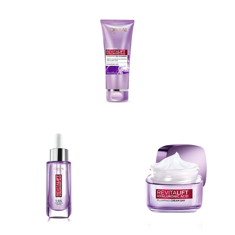 L'OREAL PARIS Skincare Routine, Hydrated & Plump Skin Combo, Serum, 15ml + Plumping Day Cream, 15ml + Hydrating Gel Cleanser, 50ml