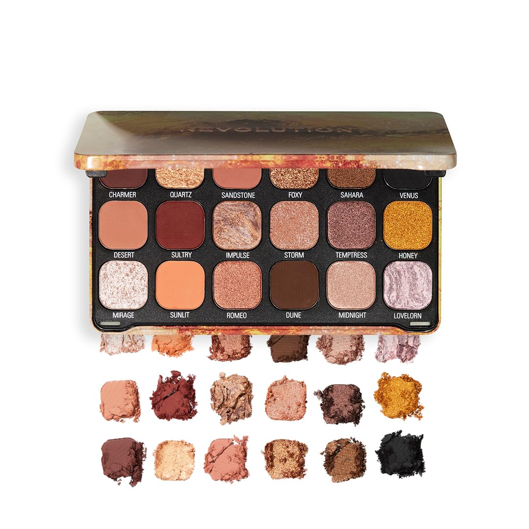 Makeup Revolution Forever Flawless Eyeshadow Palette- Bronze Temptation | Highly Pigmented and Blendible | Includes 18 shades- Glitters and Mattes | Long Wearing and Waterproof - 19g