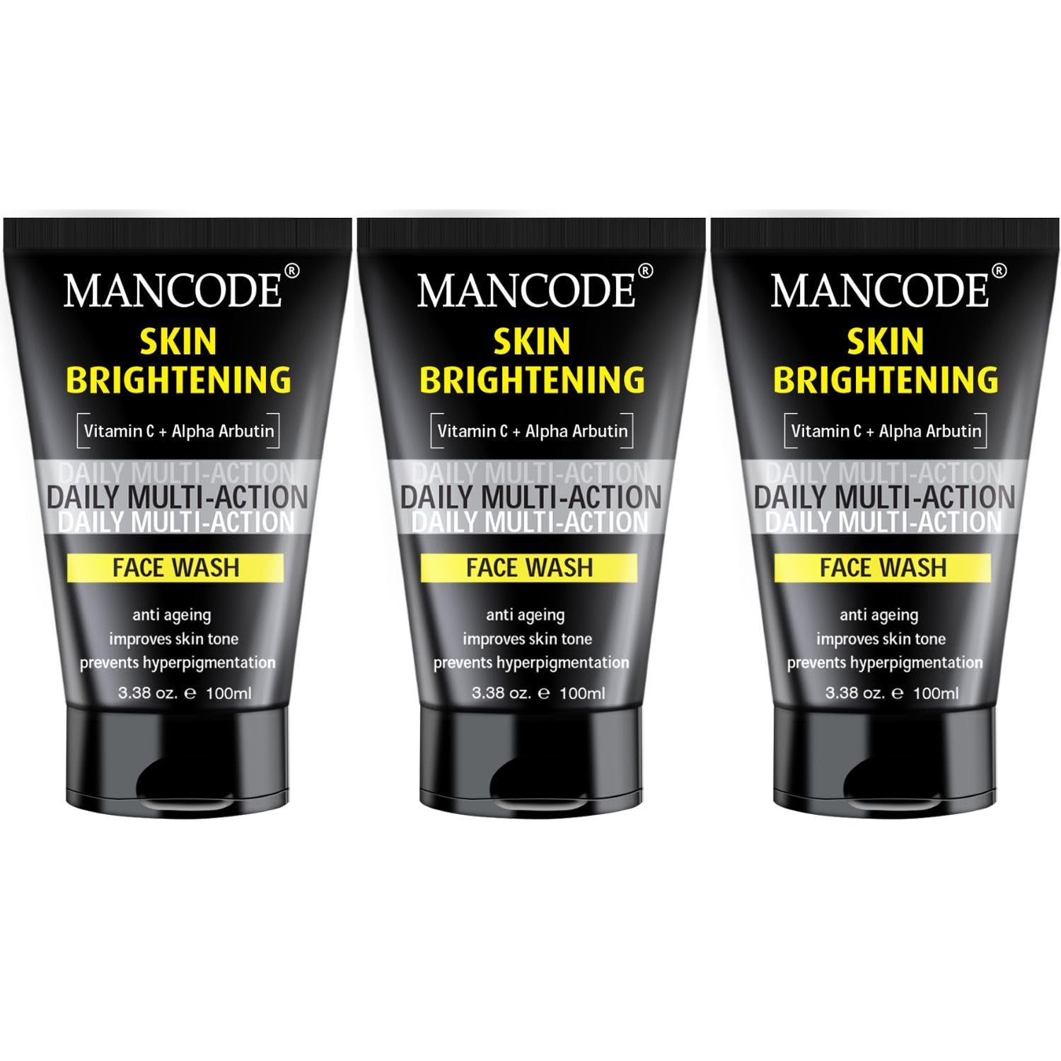 Mancode Skin Brightening Face Wash for Men - Clear Skin, Oil Control, Acne Defense, Dark Spot Reduction, Pollution Protection - Pack of 3 | Men's Skincare 100ml X 3