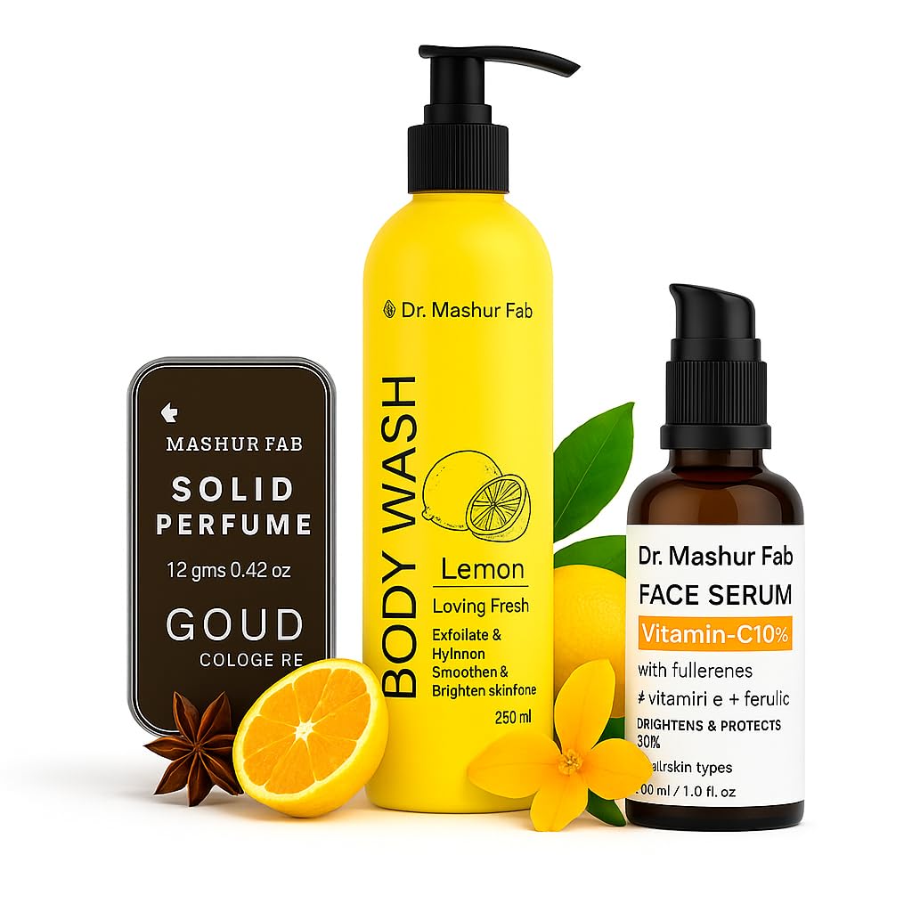 MASHUR FAB Body Wash – Exfoliating & Hydrating Formula | Brightens Skin Tone | 250ml Multiple Fragrance (Pack Of 1 Body Wash + Vitamin C Serum + Perfume)
