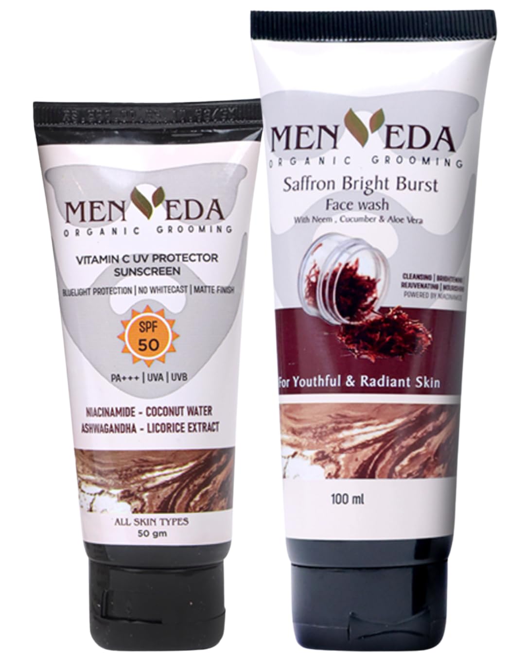 Menveda Saffron Bright Face Wash 100ml & Vitamin C Sunscreen SPF 50 PA+++ 50g (Pack of 2) | Daily Skincare Routine for Men | Nourished & Glowing Skin with Sun Protection | All Skin Types