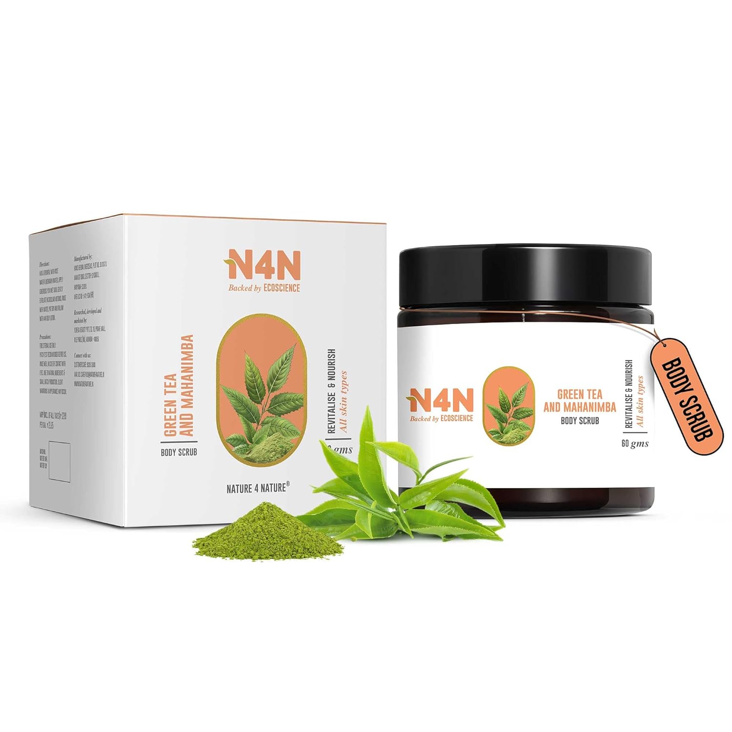 N4N Body Scrub for Glowing Skin Exfoliating Scrub with Walnut, Green Tea & Mahanimba Body Scrubber for Women Reduces Skin Irritation, Anti-Ageing, Natural & Chemical-Free All Skin Types, Dermatologically Tested, 60g