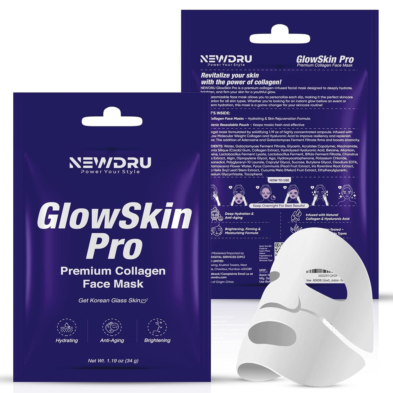 NEWDRU Korean Collagen Hydrogel Face Mask for Glass Skin Glow | Overnight Hydrating Collagen Mask with Hyaluronic Acid & Peptides | Pore Tightening, Brightening & Anti-Aging Skincare | For All Skin Types | Pack of 1