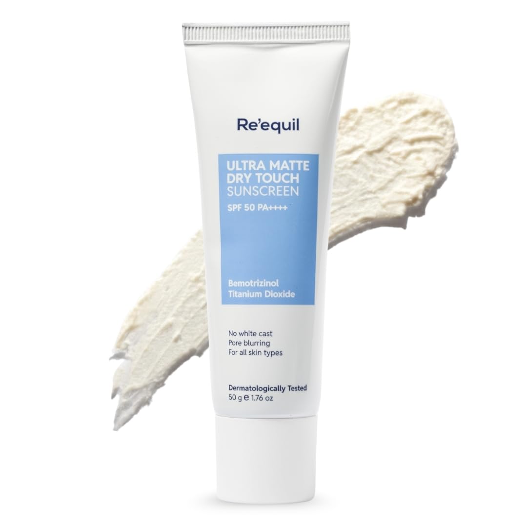 RE' EQUIL Ultra Matte Dry Touch Sunscreen | SPF 50 PA++++ | Water & Sweat Resistant | No White Cast, Non-Greasy & Non-Comedogenic | For All Skin Types | 50G