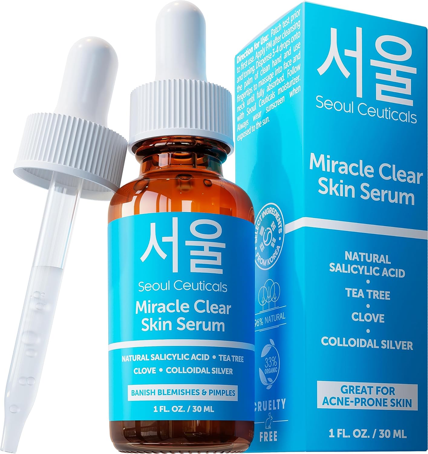 SeoulCeuticals Korean Acne Serum, Skin Care Treatment for Acne Prone Skin - Tea Tree & Clove For Even Skin Tone 1oz