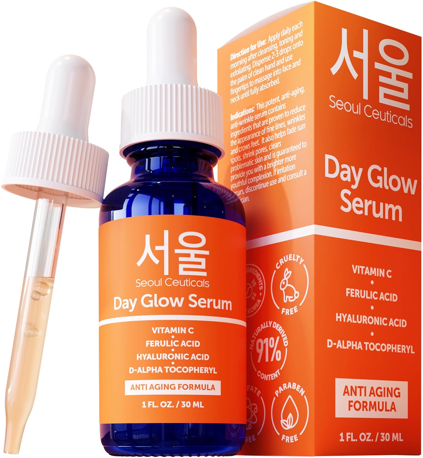 SeoulCeuticals Korean Vitamin C Serum for Glowing Skin – 20% Vitamin C + Hyaluronic Acid + CE Ferulic Acid – Potent Anti-Aging & Anti-Wrinkle Korean Beauty Vit C Serum – 30ml