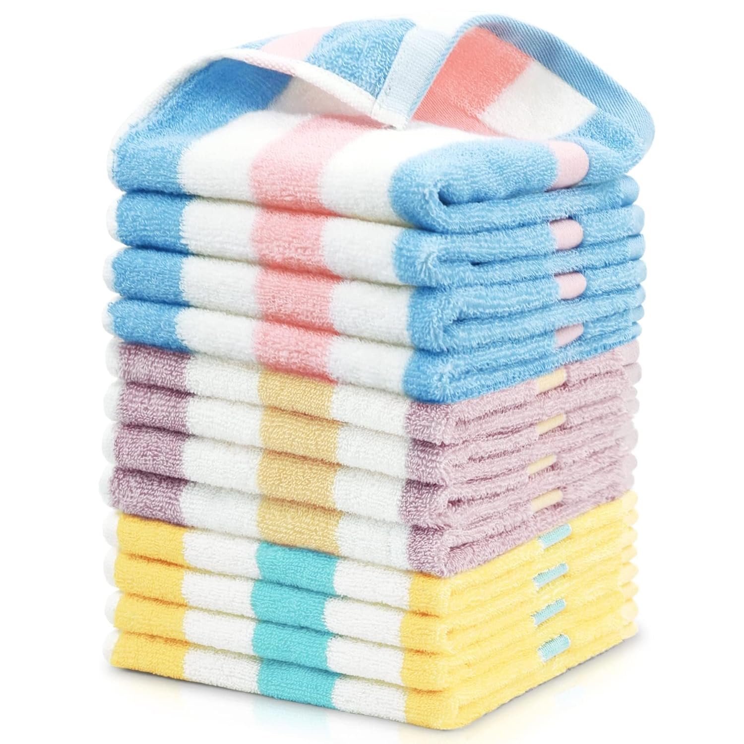 Striped Cotton Washcloths Small Towels Set, 12 Pack Bath Washcloths for Body and Face 13 x 13 Inches, Face Cloths for Washing Face, 3 Colors Wash Cloths Face Towels for Bathroom