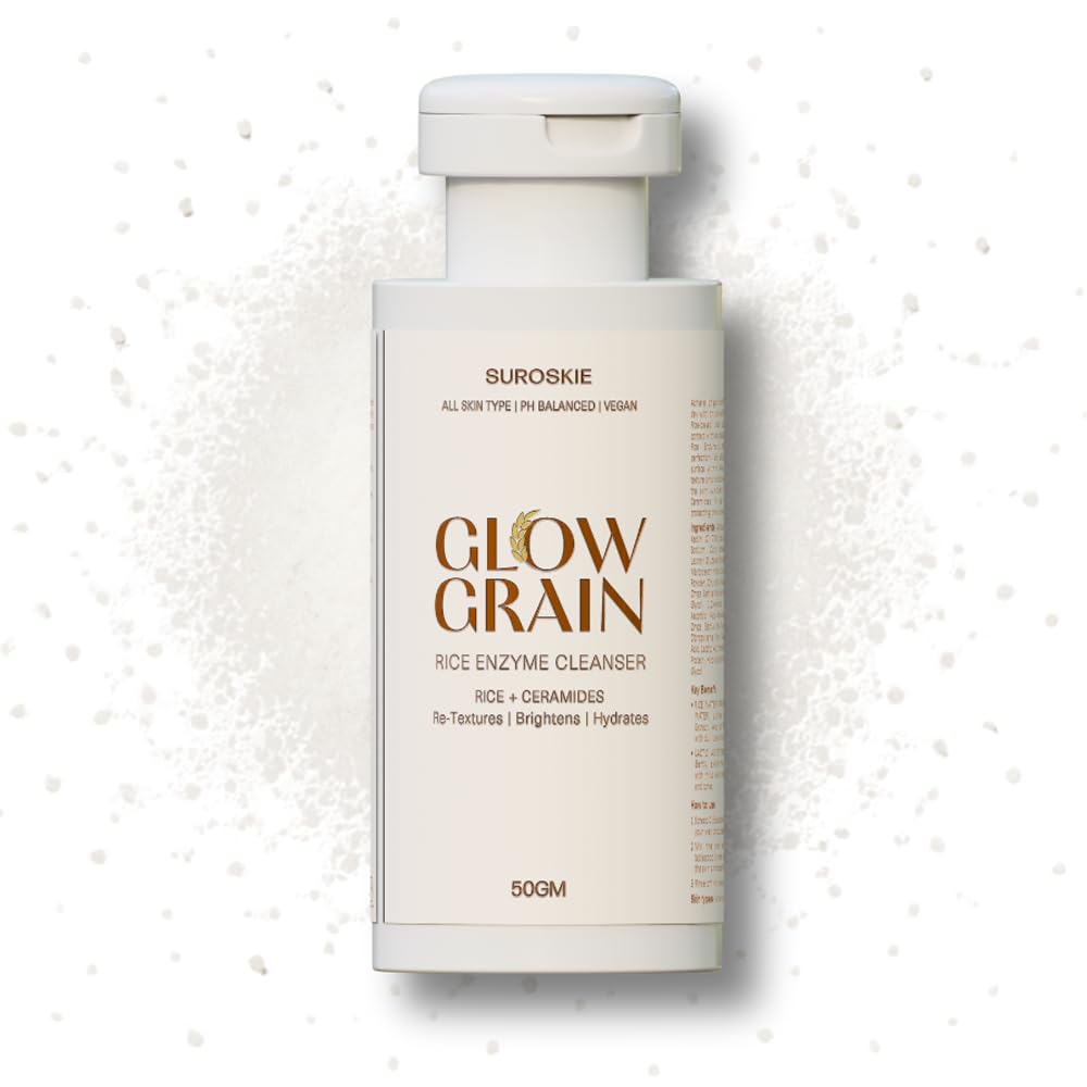 Suroskie Glow Grain Rice Enzyme Cleanser 50 Gm | Ceramide & Lactic | Deep Cleansing Foaming Facewash Powder For Hydrated, Glowing & Brighten Skin | Korean Skincare For All Skin Types For Men & Women