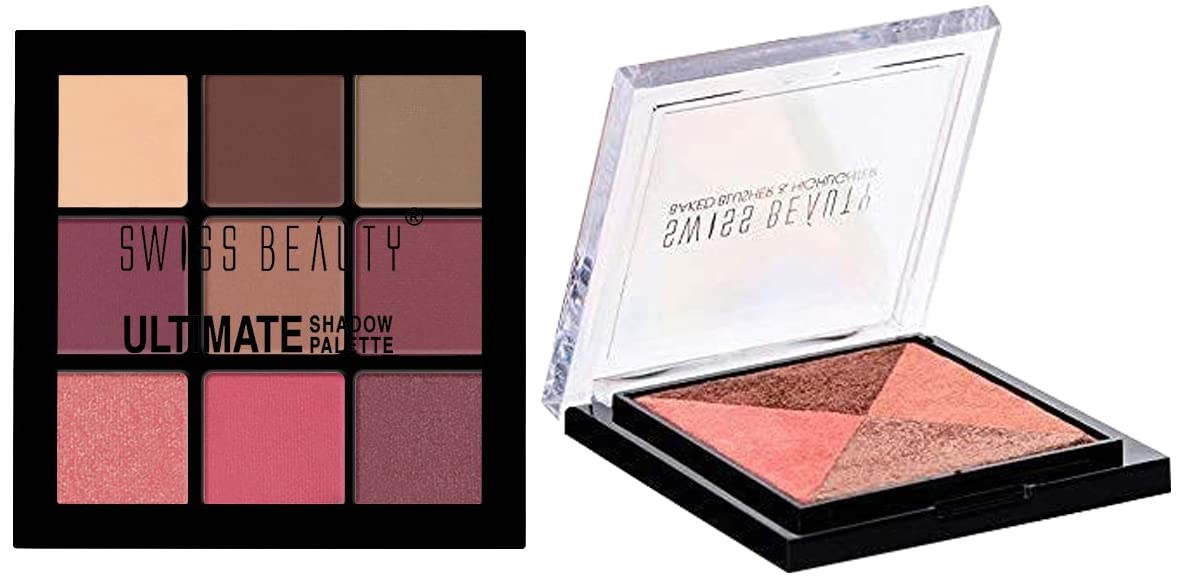 Swiss Beauty Ultimate 9 Color Eyeshadow Palette, Eye MakeUp, Multicolor-01, 9g & Baked Blusher & Highlighter, Face MakeUp, Multicolor-01, 7g, Shimmery, Semi-Matte & Matte Finish