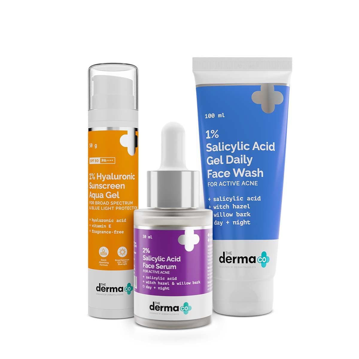 The Derma Co Anti Acne Skincare Routine Kit For All Skin 1% Salicylic Acid Gel Face Wash+2% Salicylic Acid Serum+1% Hyaluronic Sunscreen Aqua Gel|Broad Spectrum Protection Spf 50 Pa++++|Unisex,3 Count