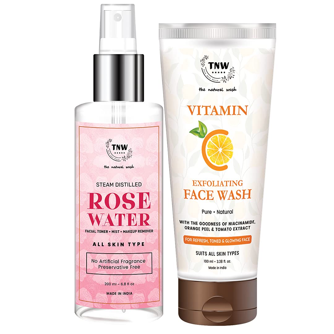 TNW-THE NATURAL WASH Vitamin C Exfoliating Face Wash and Steam Distilled Rose Water for Glowing & Hydrated Skin | Chemical-Free Skincare Products | Natural & Ayurvedic Goodness (Pack of 2)