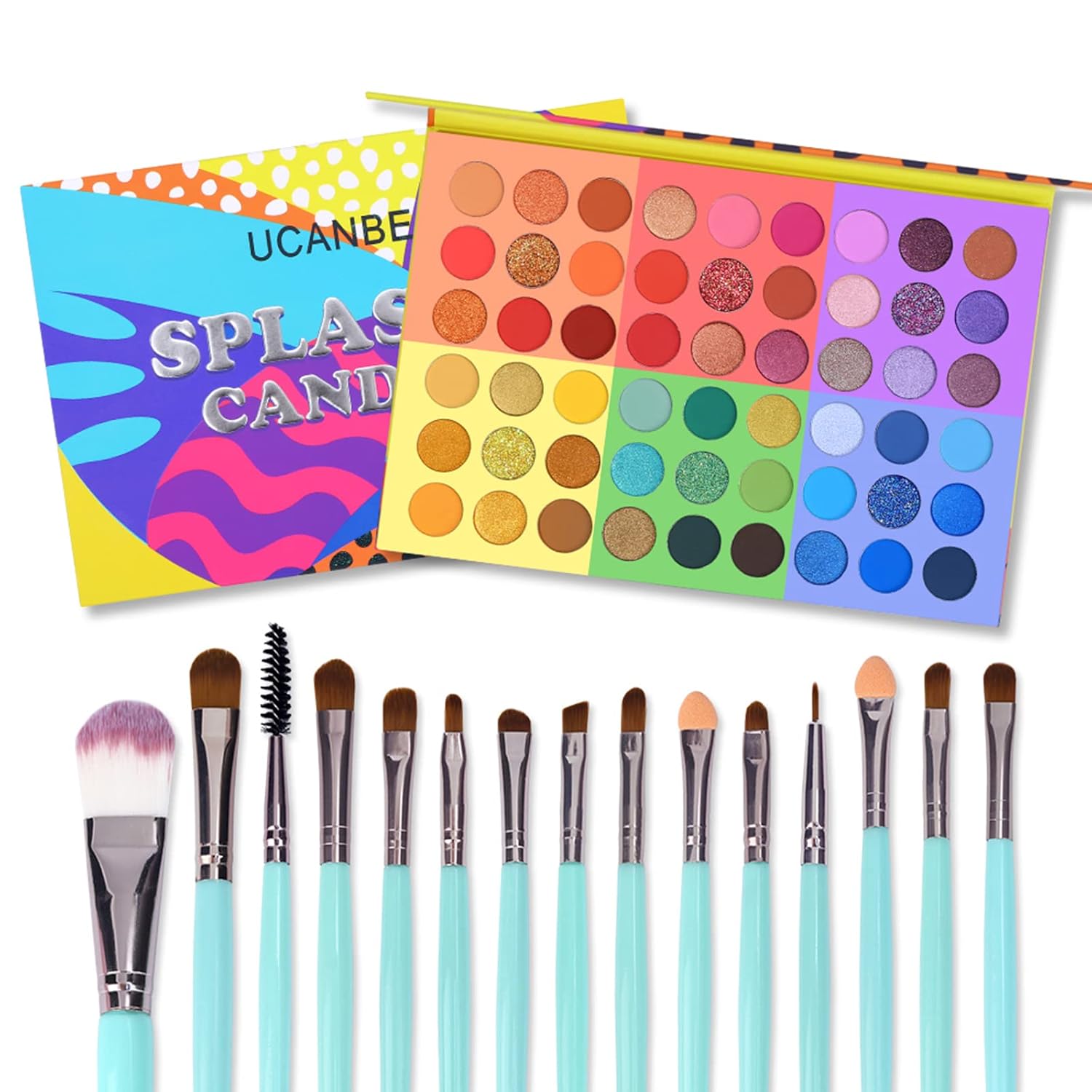 UCANBE Splashy Candies Eyeshadow Palette + 15 PCS Eye Brushes Makeup Set, Professional 54 Color Matte Shimmer Glitter Eye Shadow Pallet Highly Pigmented Waterproof Long Lasting Make up Pallete