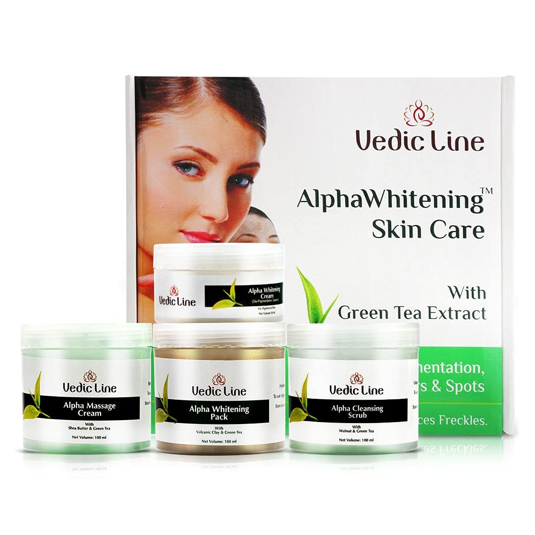 Vedic Line Alpha Whitening Skin Care Facial Kit For Glowing And Smooth Skin With Green Tea Extract To Reduce Acne And Dark Spots (Scrub, Massage Cream, Face Pack, Cream), 350Ml