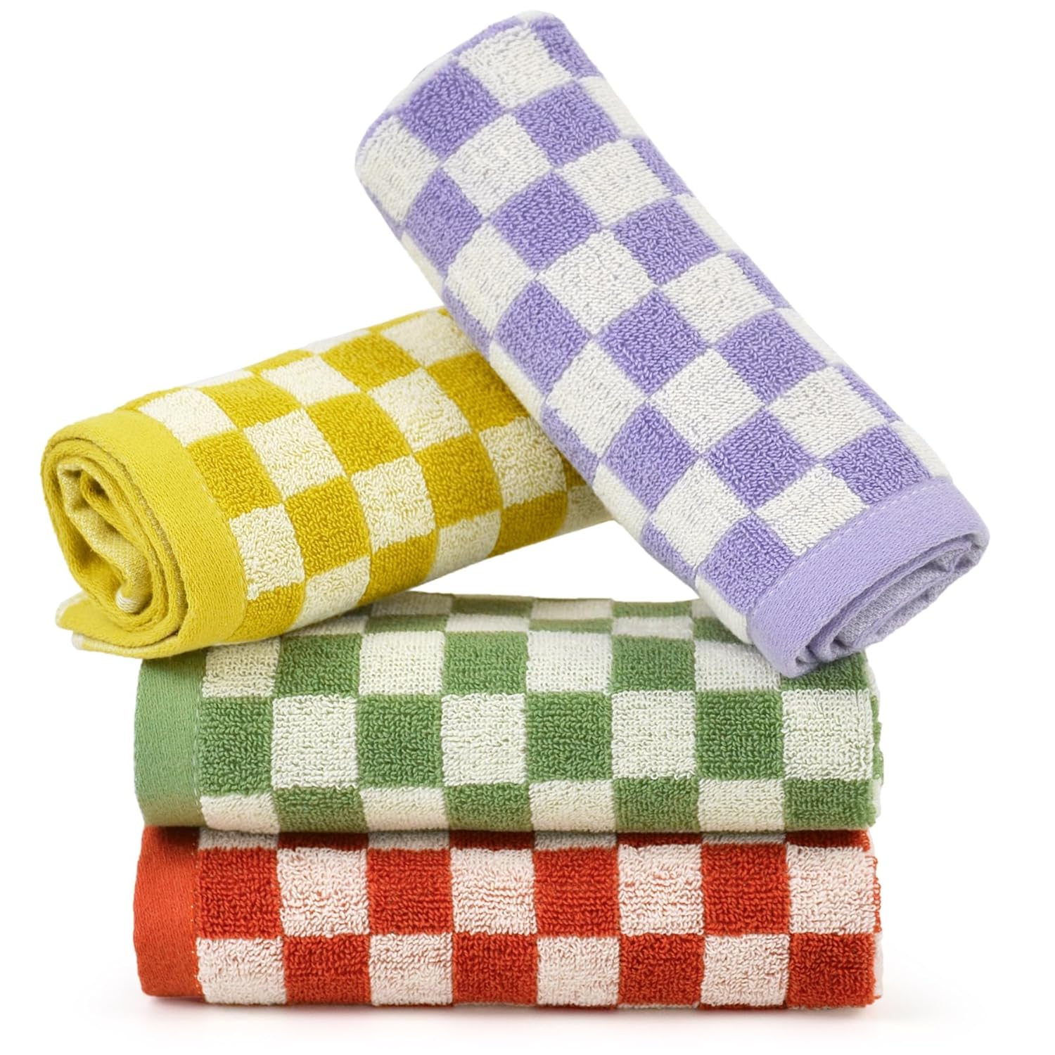 Wash Cloths for Showering Cotton Checkered 4 Pack 4 Colors - Cotton Washcloths for Face Body, 13 x 13 Inches Daily Cleansing Kitchen Towels Gifts