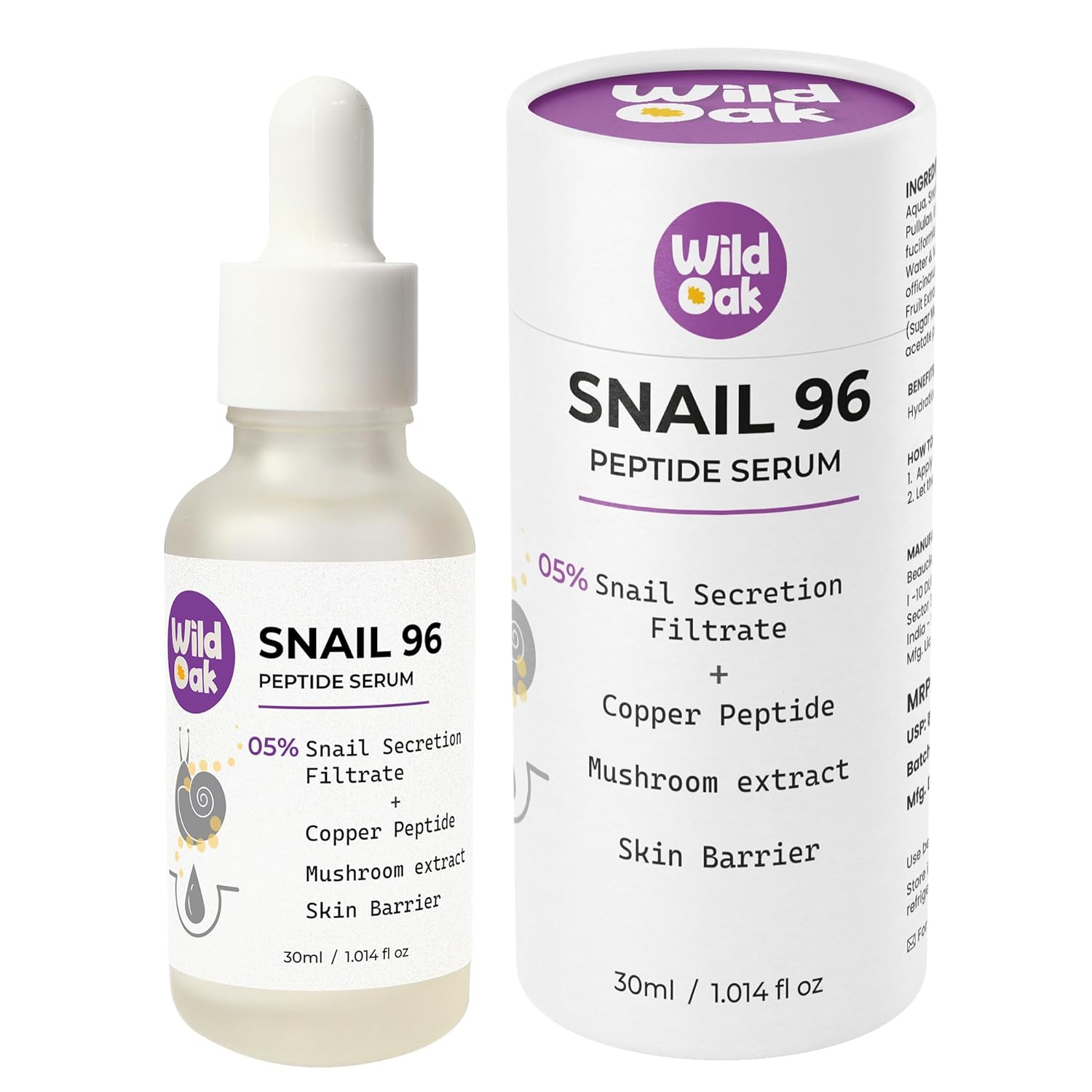 WildOak Advanced Korean Snail Mucin 96 Peptide Face Serum | Powerful Skin Barrier, Anti-Aging & Wrinkles | 72 Hours Skin Hydration | Korean Skincare | Tremella Mushroom for Dewy Soft & Plump Skin | 30ml